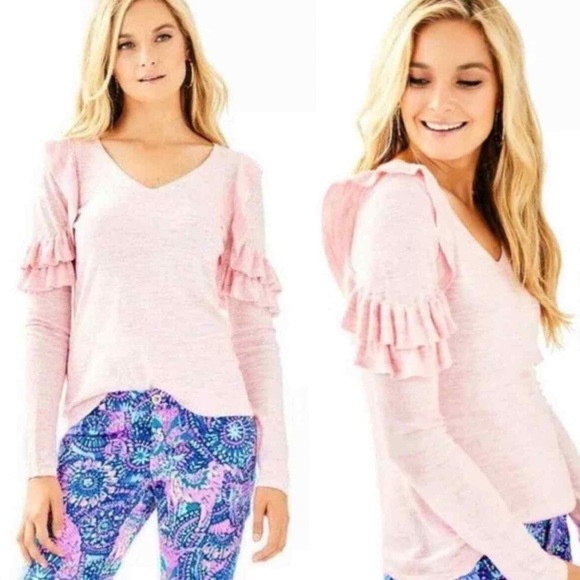 Lilly Pulitzer Fresca Pink Heather Ruffle Sweater Pink Medium J - Picture 1 of 8